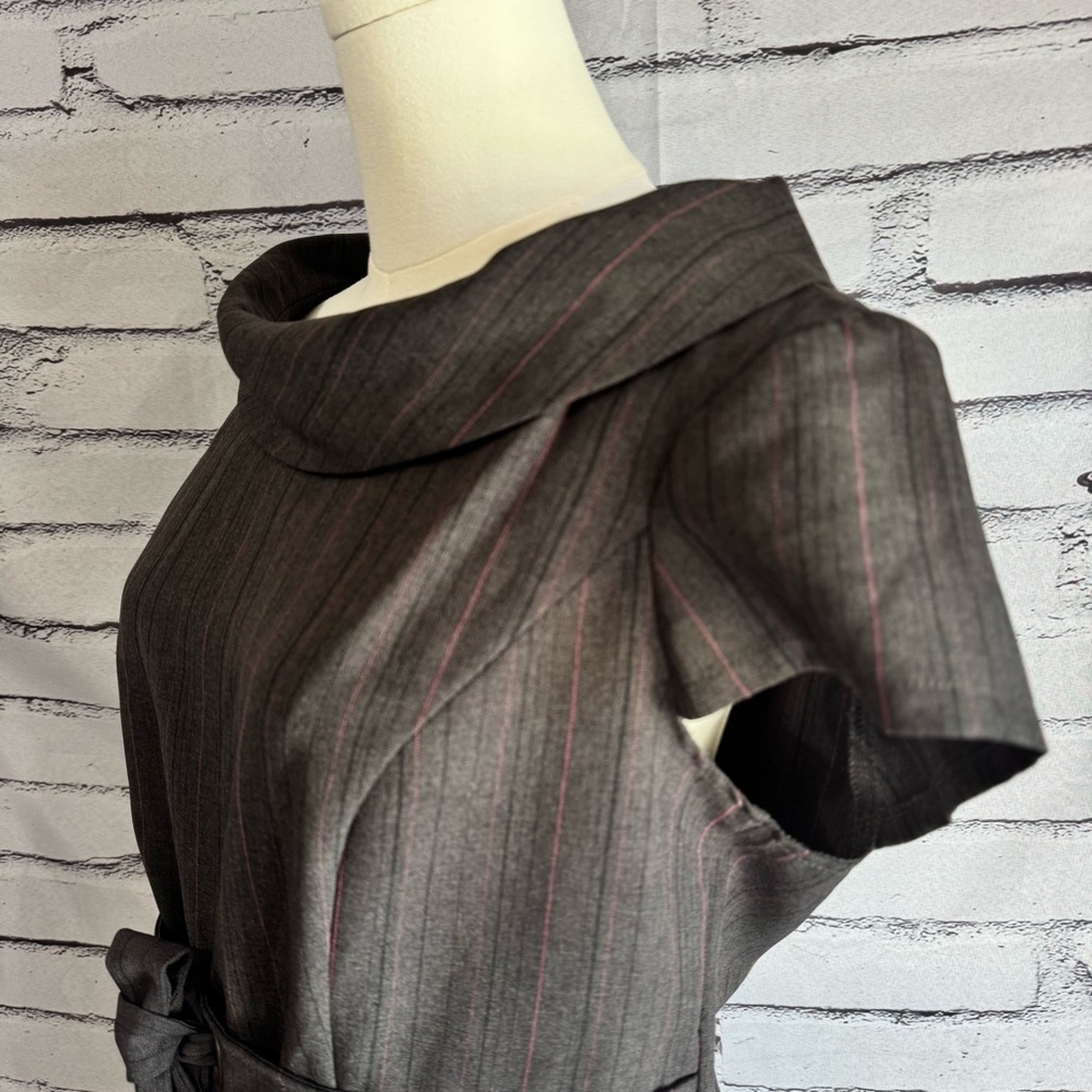 Karin Stevens Gray Pinstripe Sheath Dress Tie Waist Career Office Size 14 - Picture 4 of 16
